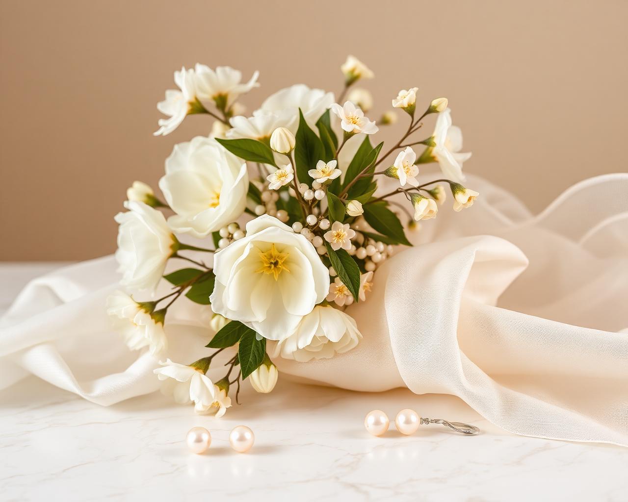Brautblumen, Perlenschmuck und Seidenstoff in Creme- und Champagnertönen